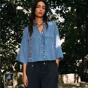 Zara Blue Striped Linen Women's Button Up
